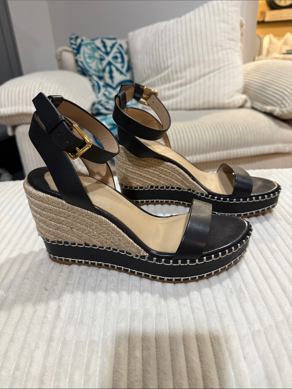 Lauren Ralph lauren Black Espadrille Wedge Sandals with Ankle Strap, size 7.5